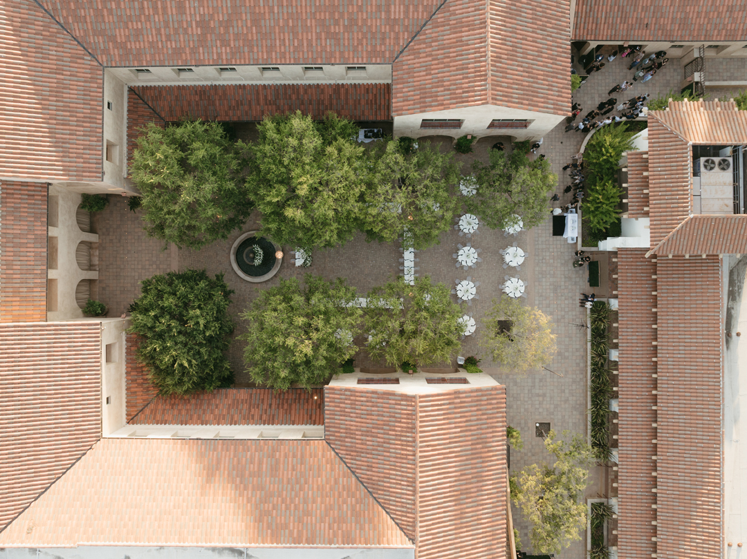 A birds-eye-view of reception set at Serra Plaza, a Spanish-style wedding venue located in Orange County.