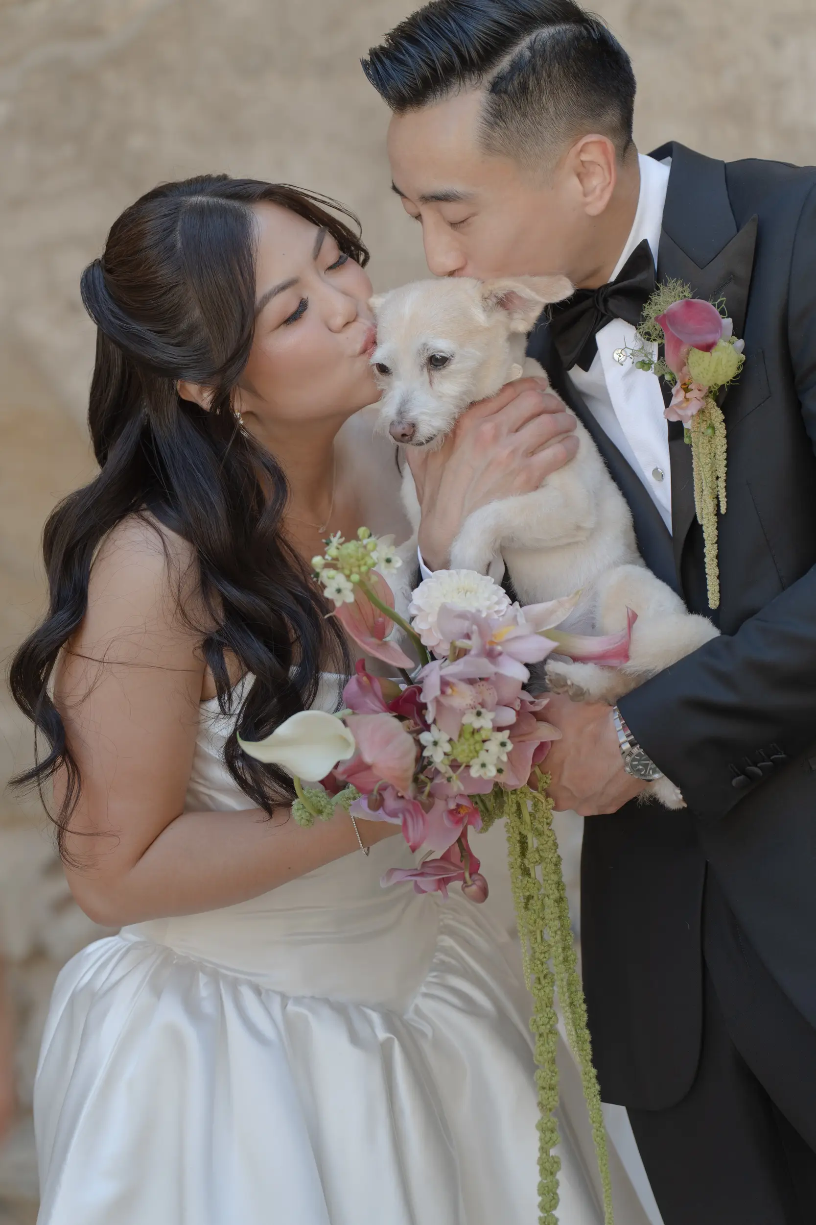 Bride and groom with pet dog.