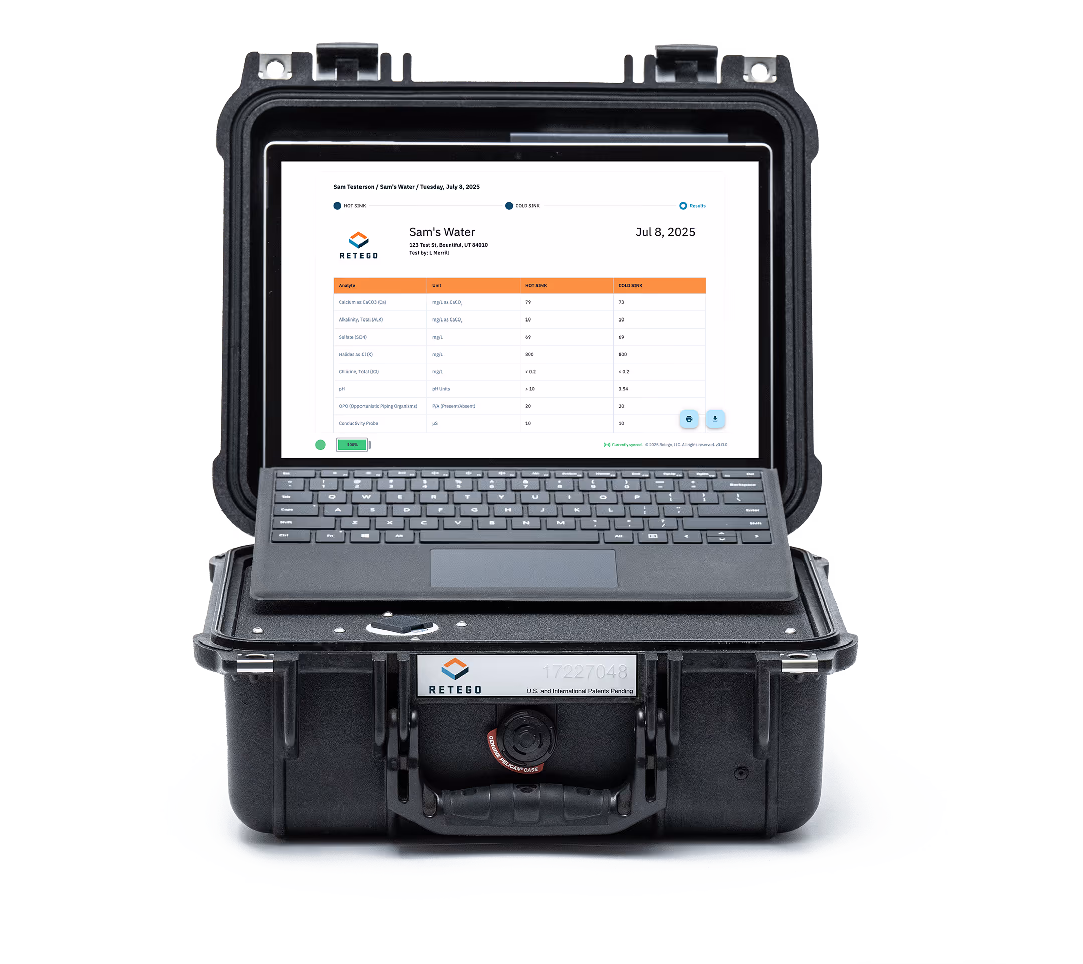 Black rugged carrying case open to reveal a laptop displaying water quality test results for Sam's Water dated July 8, 2025.
