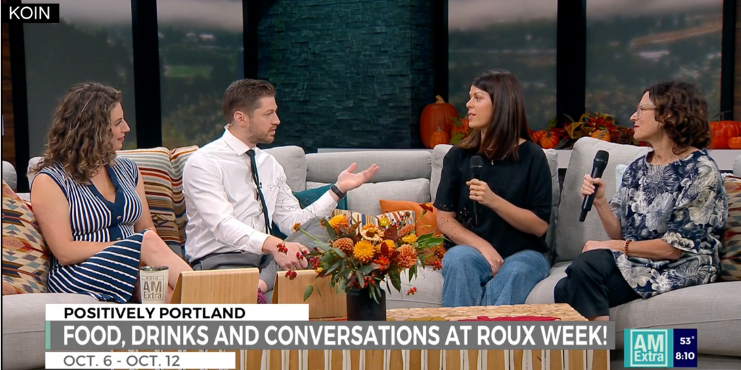 Jenna Winkler and Abby Guyer on KOIN's AM Extra Foodie Friday being interviewed by hosts Emily Burris and Travis Teich