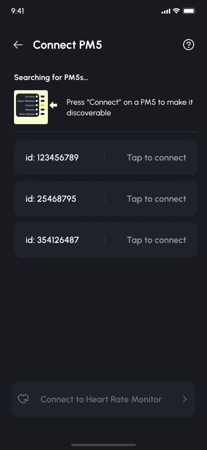 Row Nation app — list of discoverable PM5 monitors