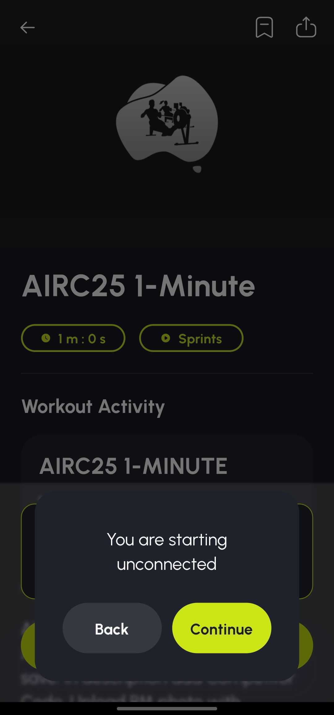 Row Nation app — Start unconnected event screen