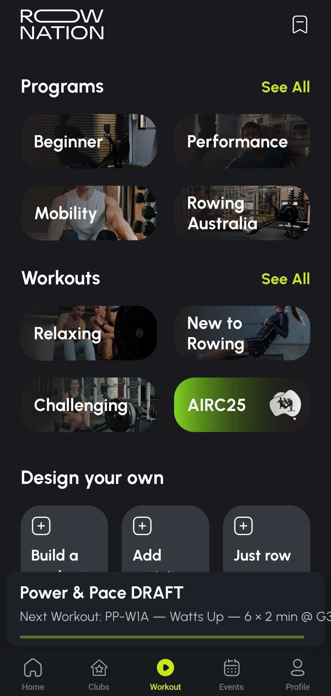 Row Nation app — AIRC25 category on the Workout tab