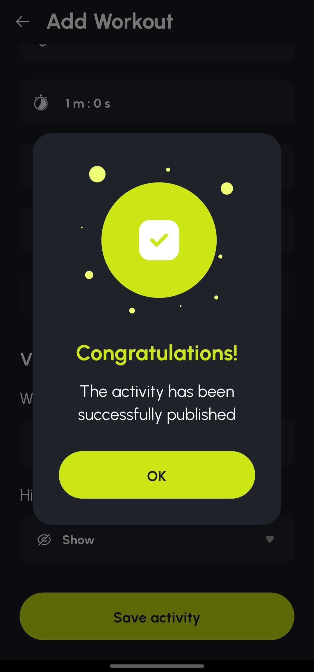 Row Nation app — submission success confirmation dialog