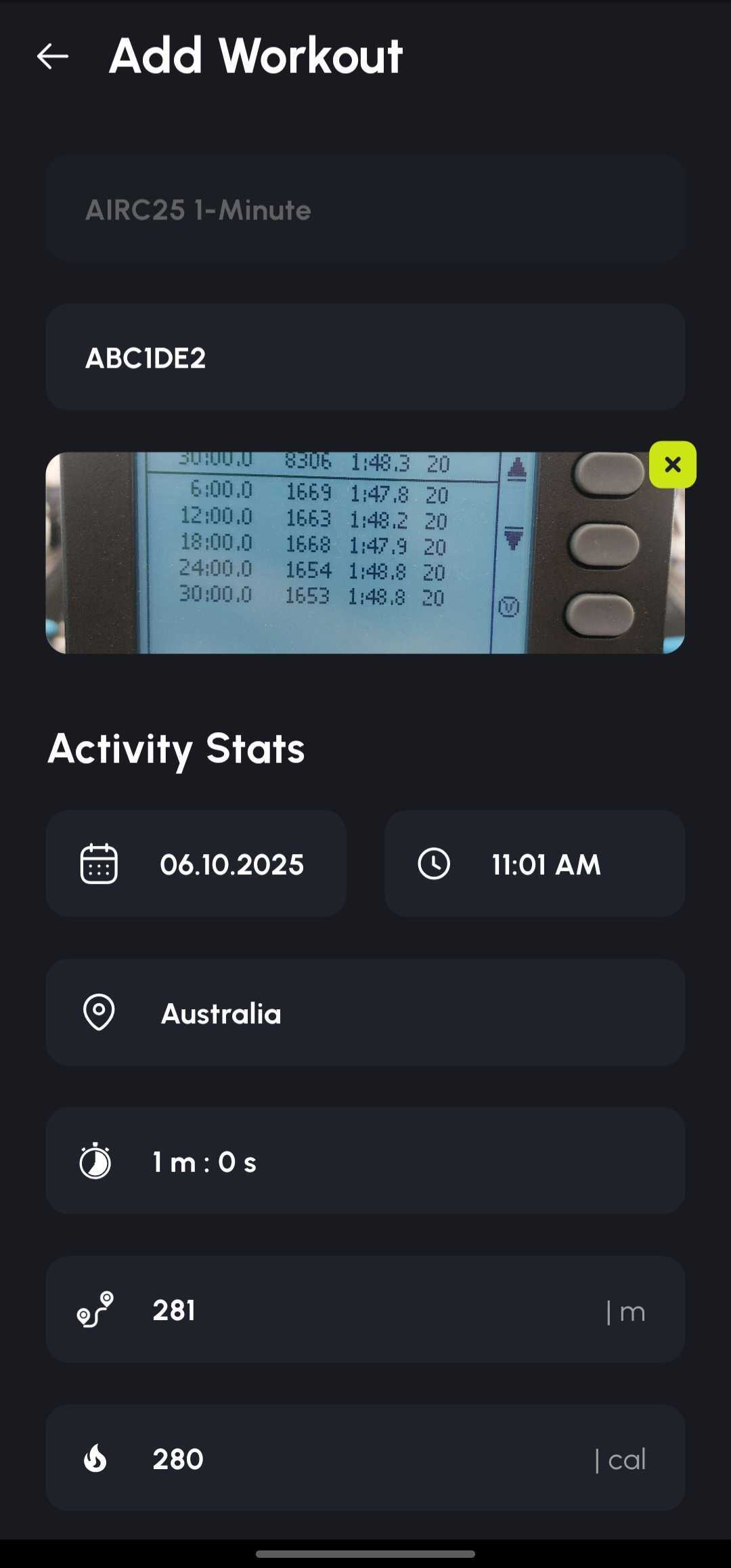 Row Nation app — Add Workout screen for saving activity