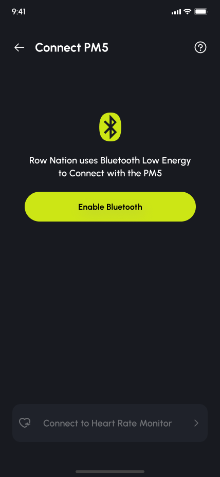 Row Nation app — enable Bluetooth to connect to PM5