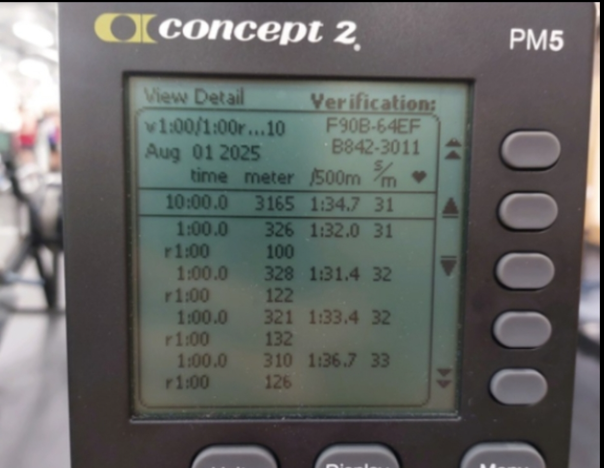 Concept2 PM screen showing workout summary and verification code