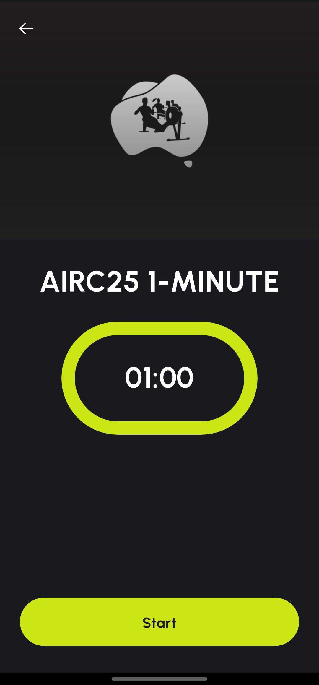 Row Nation app — AIRC25 1-Minute ready screen with 01:00 timer and Start button