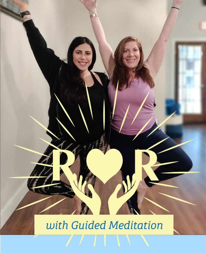 Two smiling women standing on one leg in a yoga pose with arms raised, overlaid with graphic hands holding a heart between two R letters and text 'with Guided Meditation'.