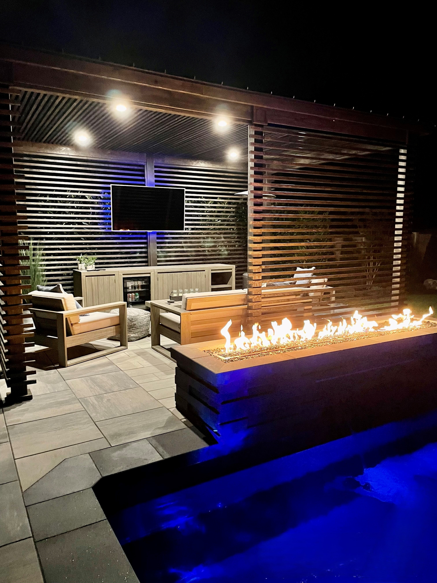 Poolside Pergola, Firepit & Paver Patio