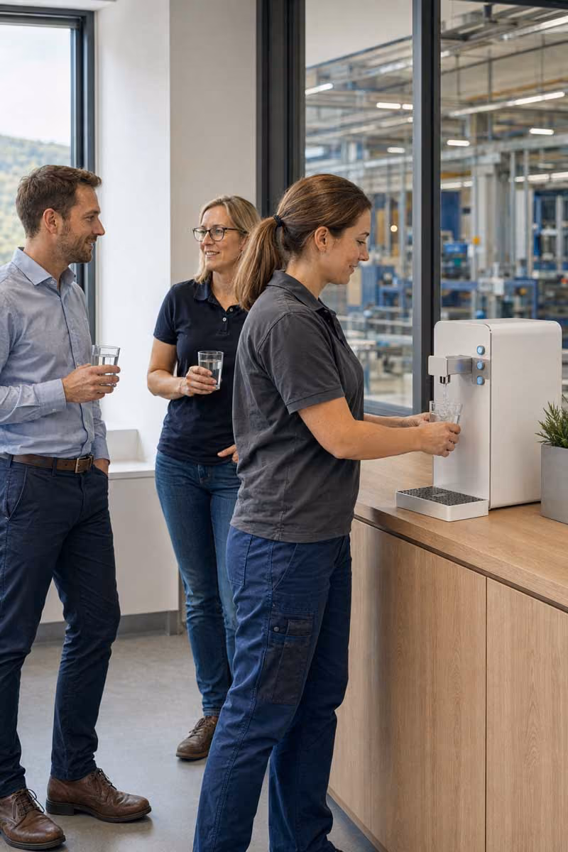 Mitarbeitende eines Produktionsunternehmens nutzen einen Wasserspender in Siegburg