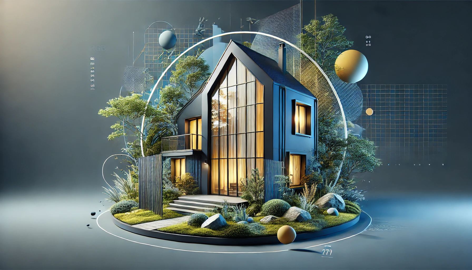 Modern small house with large glass windows, warm interior lighting, surrounded by greenery and rocks on a circular base with abstract geometric elements.