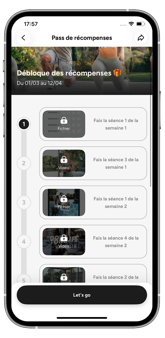 Interface de gamification Trainsweateat de pass de récompense de programme.