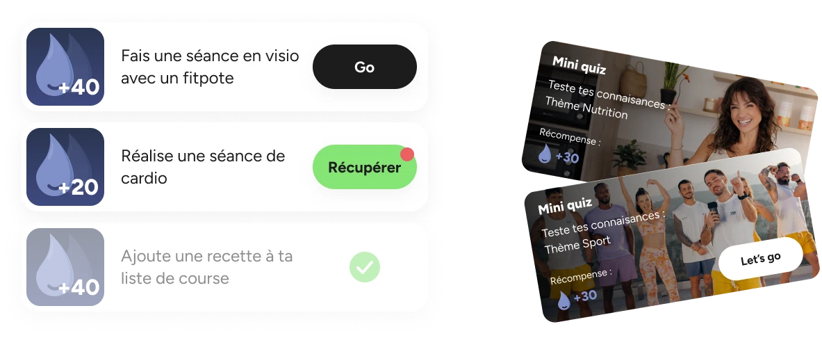 Interface de gamification Trainsweateat de quiz et défis hebdomadaires.