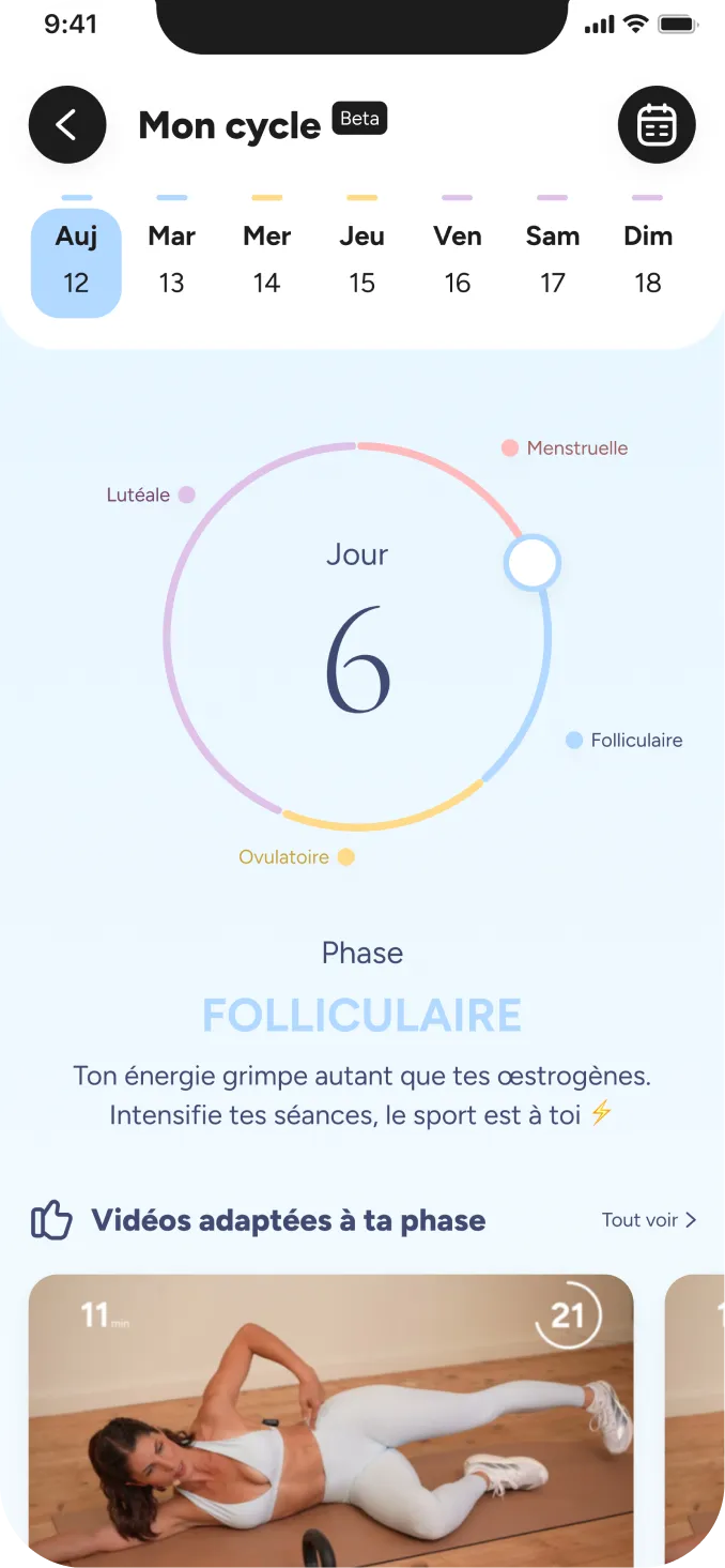 Écran Mon cycle de l'application Trainsweateat