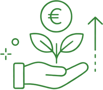 Grüne Strichzeichnung einer Hand, die eine Pflanze mit zwei Blättern hält, darüber ein Kreis mit dem Euro-Symbol und rechts ein nach oben zeigender Pfeil, der Wachstum bzw. Investition andeutet.