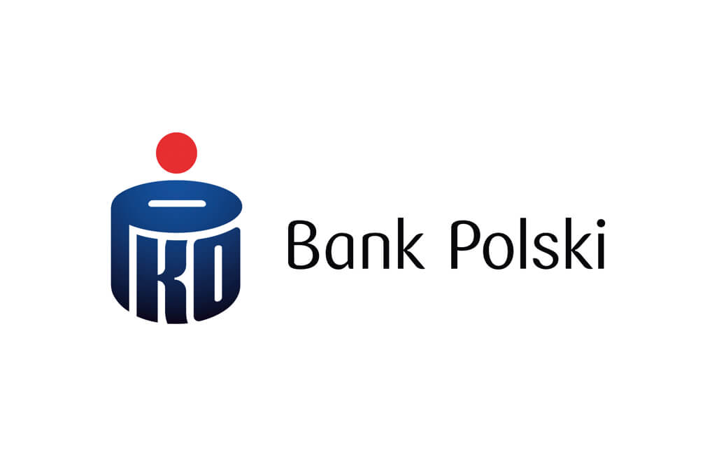 PKO Bank Polski logo with blue stylized bank icon and red dot above it on white background.