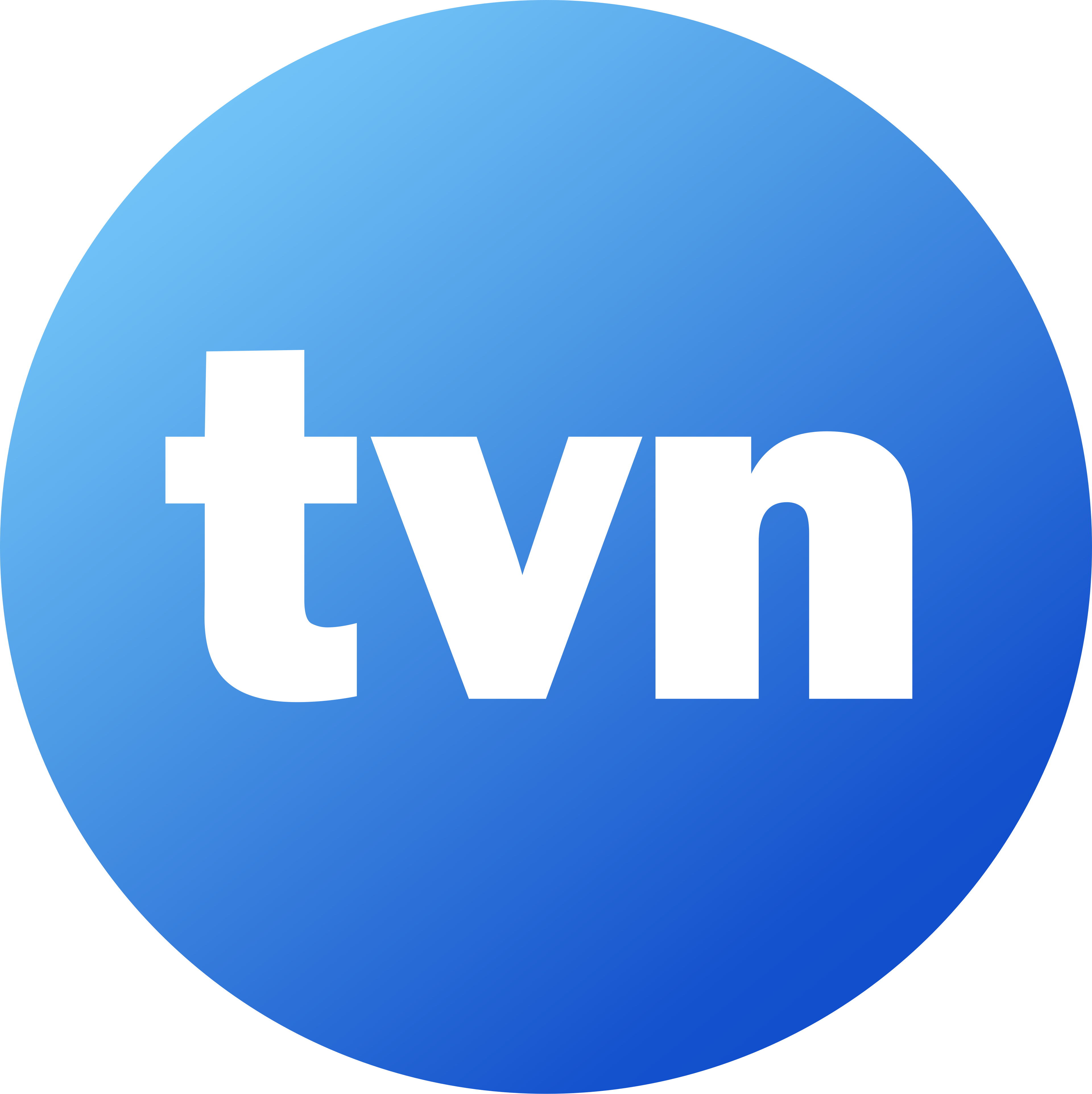 White lowercase letters TVN on a blue circular gradient background.