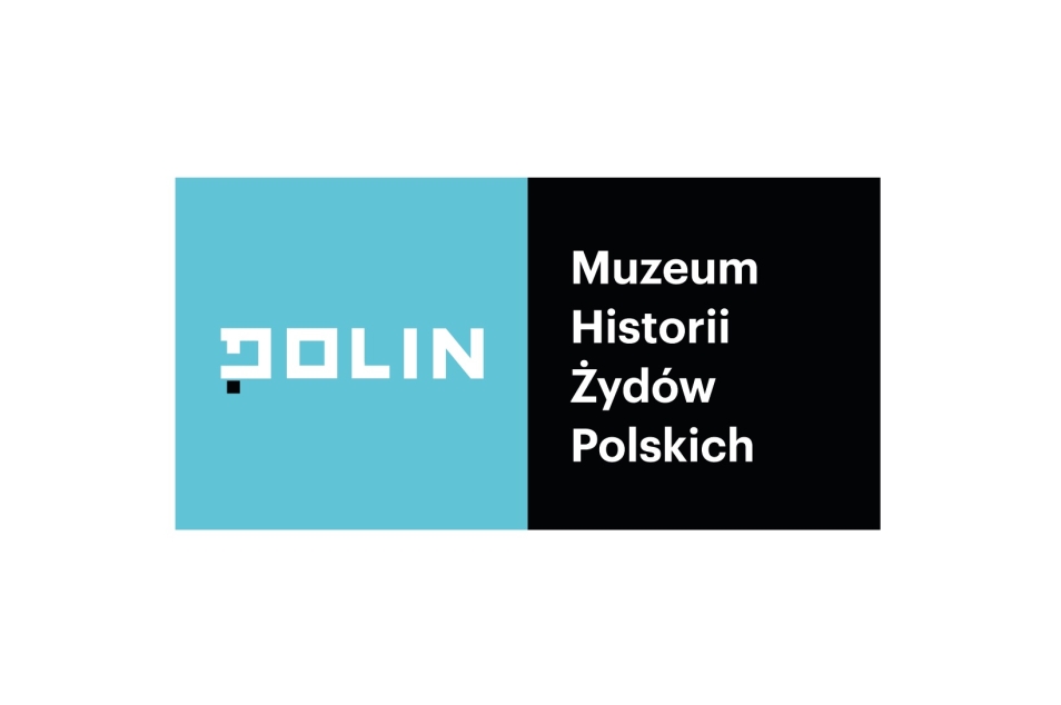 Logo of POLIN Museum of the History of Polish Jews with text on black and blue background.