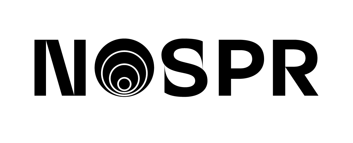 Black stylized text NOSPR with concentric circles inside the letter O.