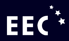 White EEC letters with three white stars arching above on a dark blue background.