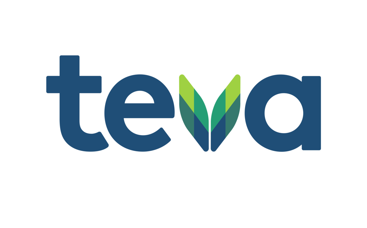Teva Pharmaceuticals logo with stylized green and blue leaves forming the letter V.