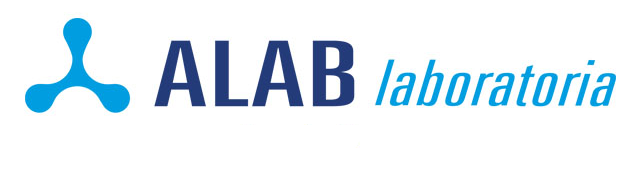 ALAB Laboratoria logo with blue molecular design on white background.