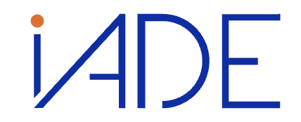 Logo with stylized blue letters IADE and an orange dot above the letter I.