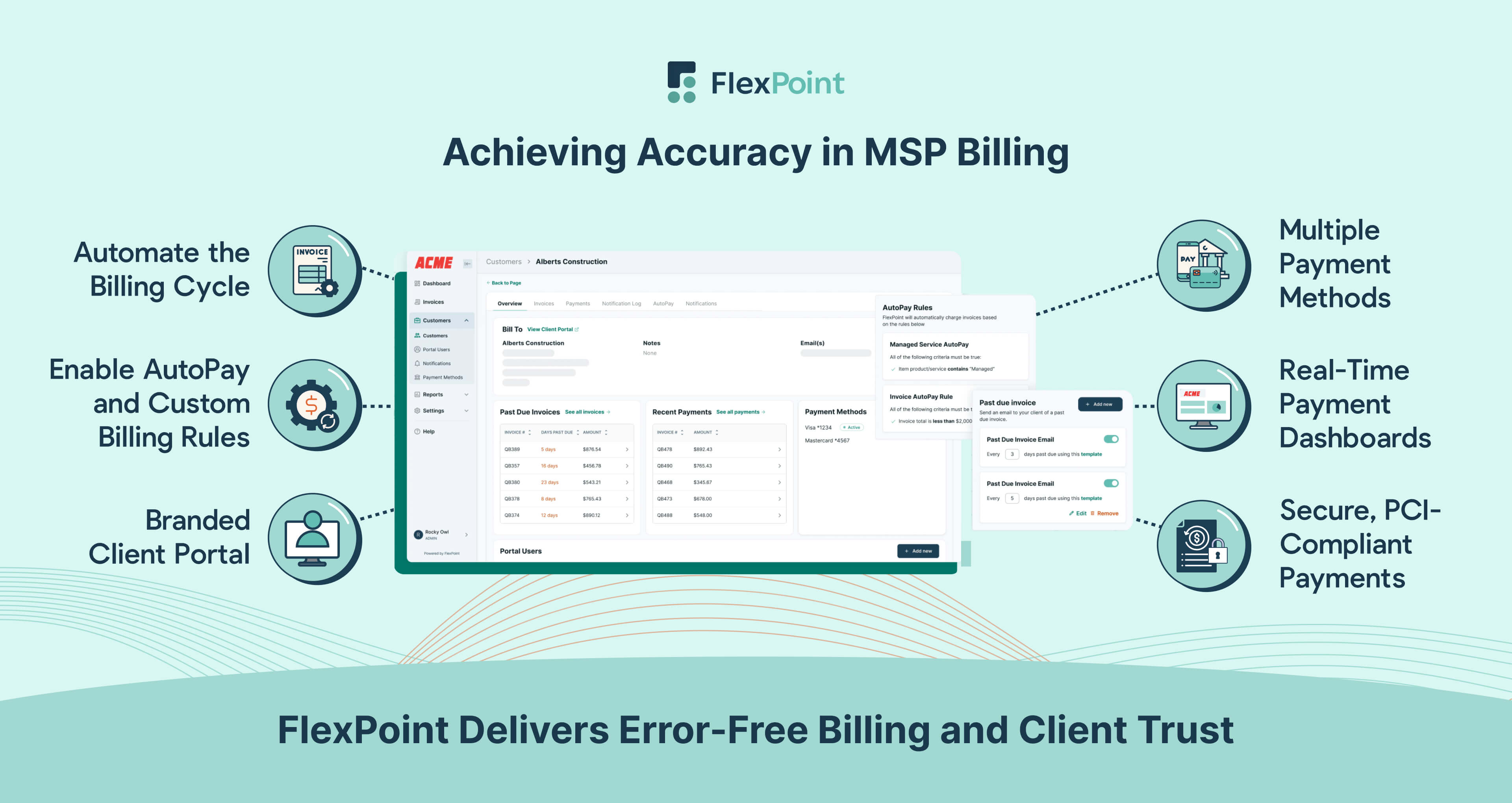 FlexPoint helps MSPs achieve accurate, error-free billing through automation, flexible payments, secure portals, and real-time insights.