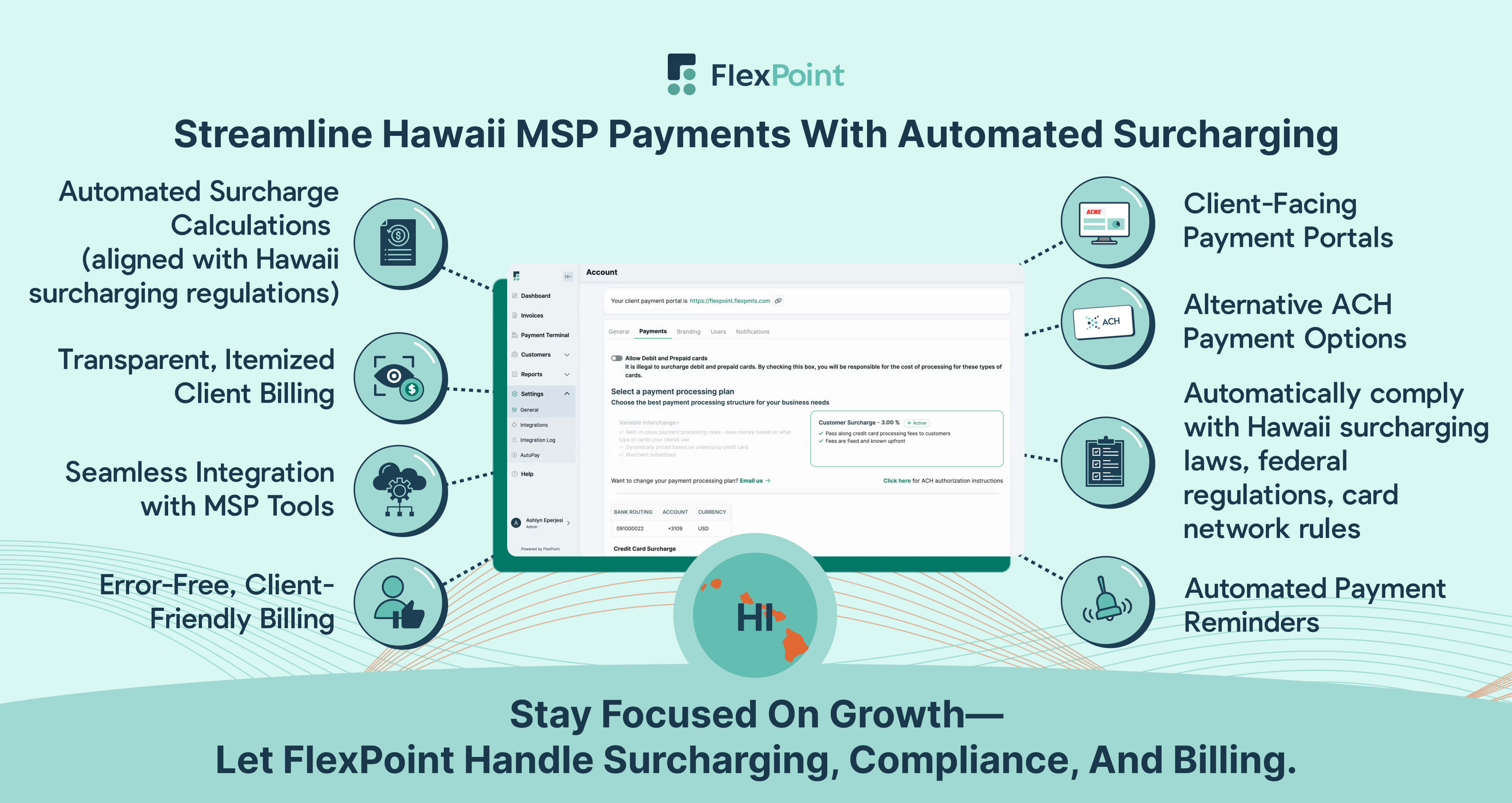 Streamline Hawaii MSP payments by automating surcharging, ensuring compliance with state regulations, and supporting transparent client invoicing.