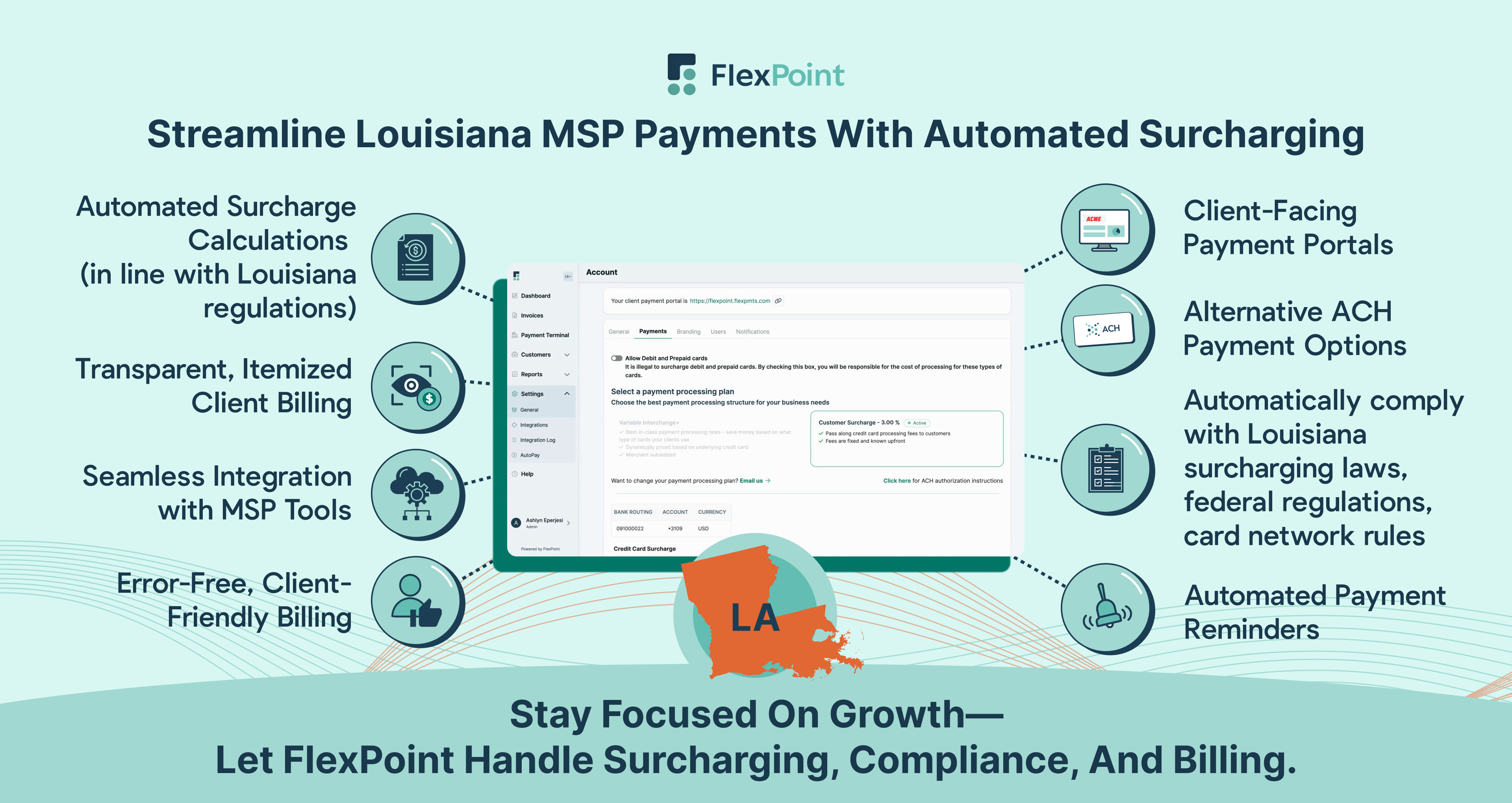 Streamline Louisiana MSP payments by automating surcharging, ensuring compliance, and providing transparent invoicing for clients.