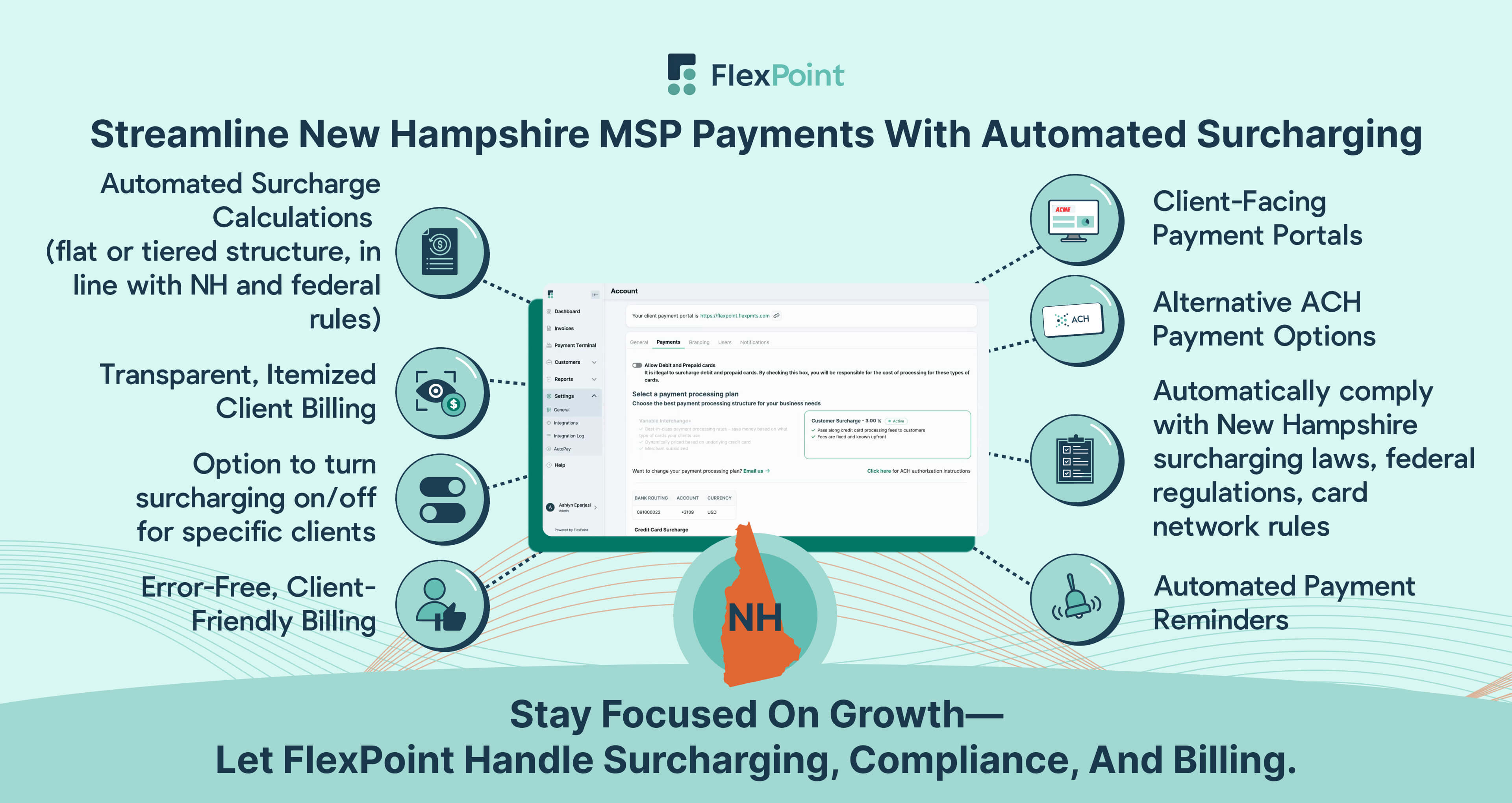 Streamline New Hampshire MSP payments with automated surcharging, compliant invoicing, and integration with financial tools