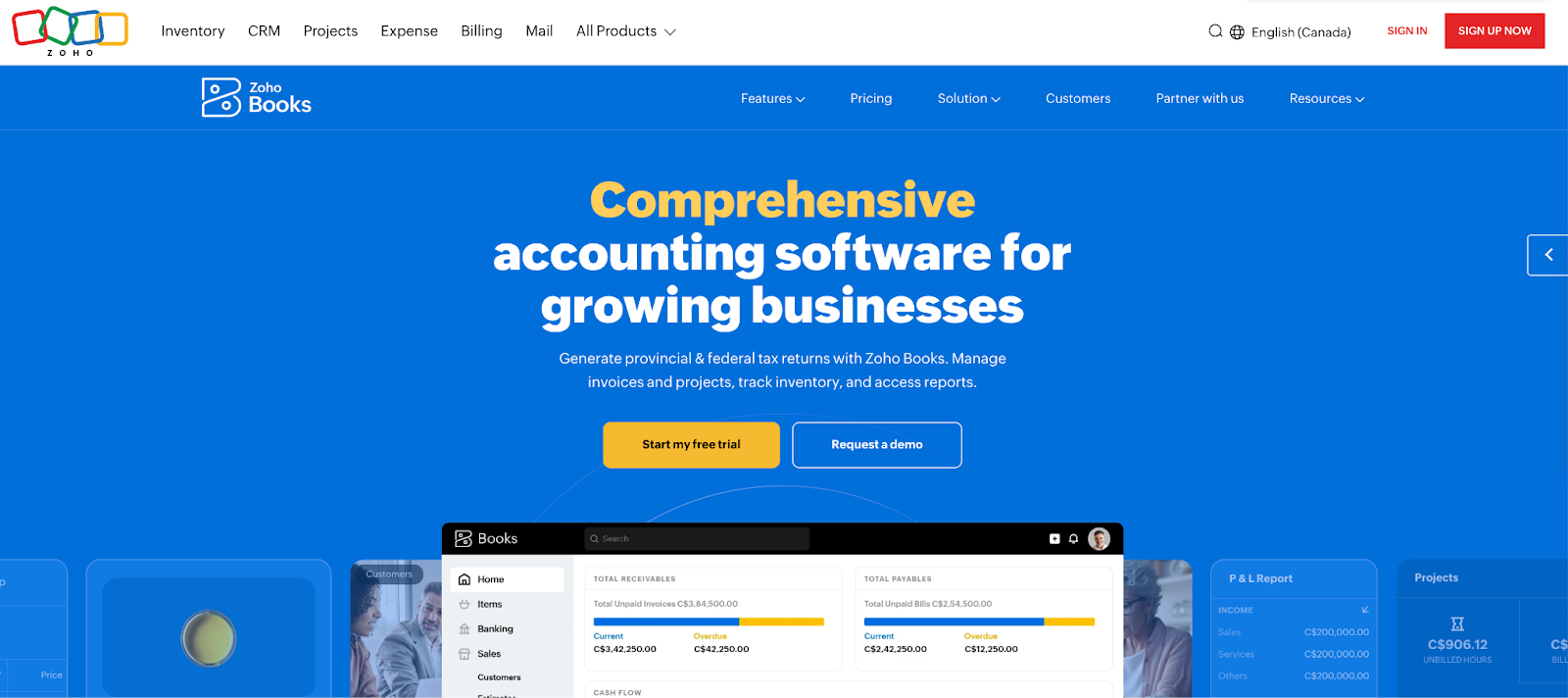Zoho Books Home Page