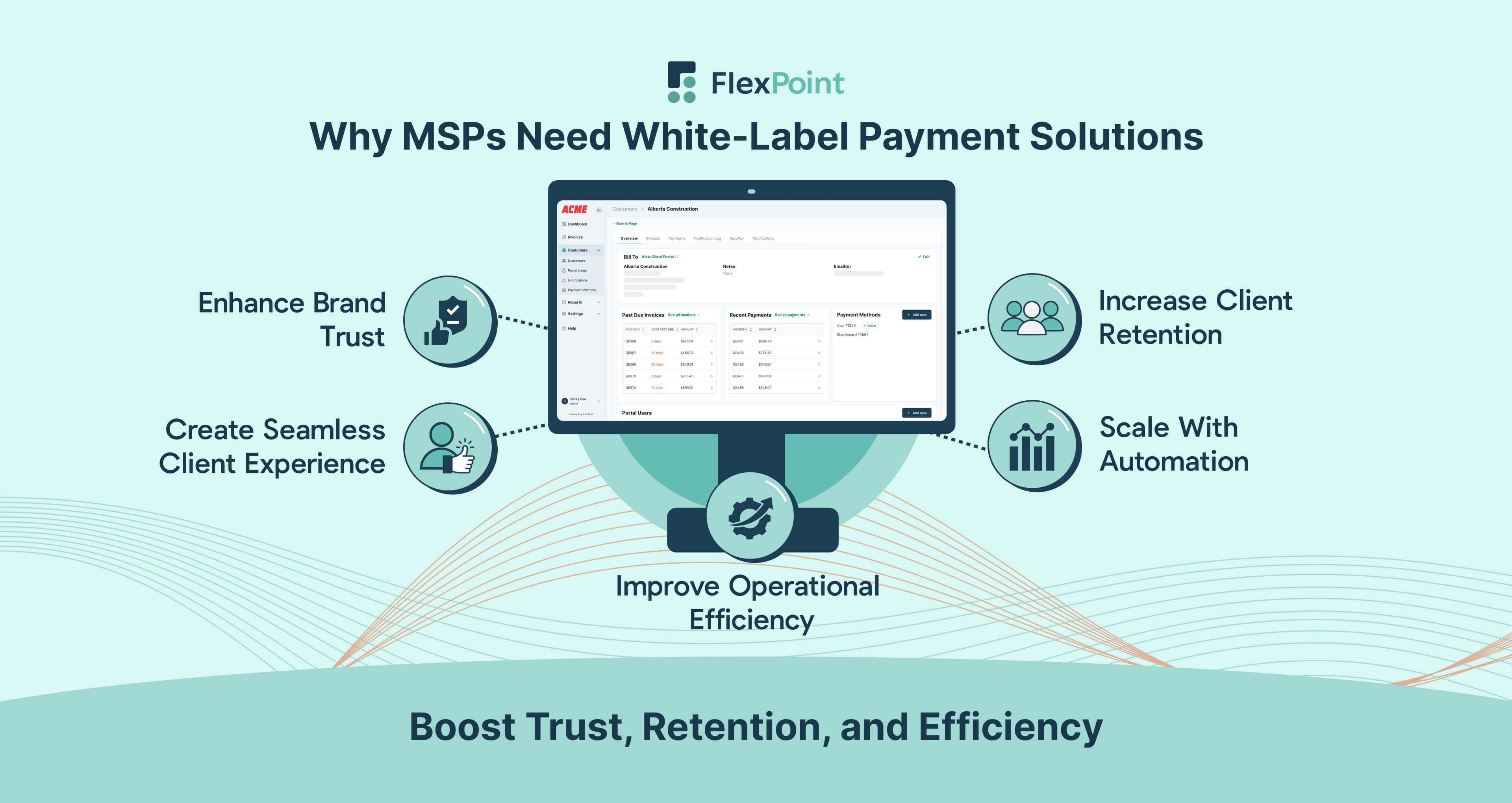 MSP showcasing benefits of a white-label payment platform: branded portals, seamless client experience, operational efficiency, client retention, and scalable automation.