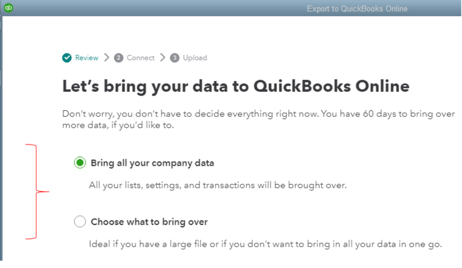 Choose which data to bring over to QuickBooks Online
