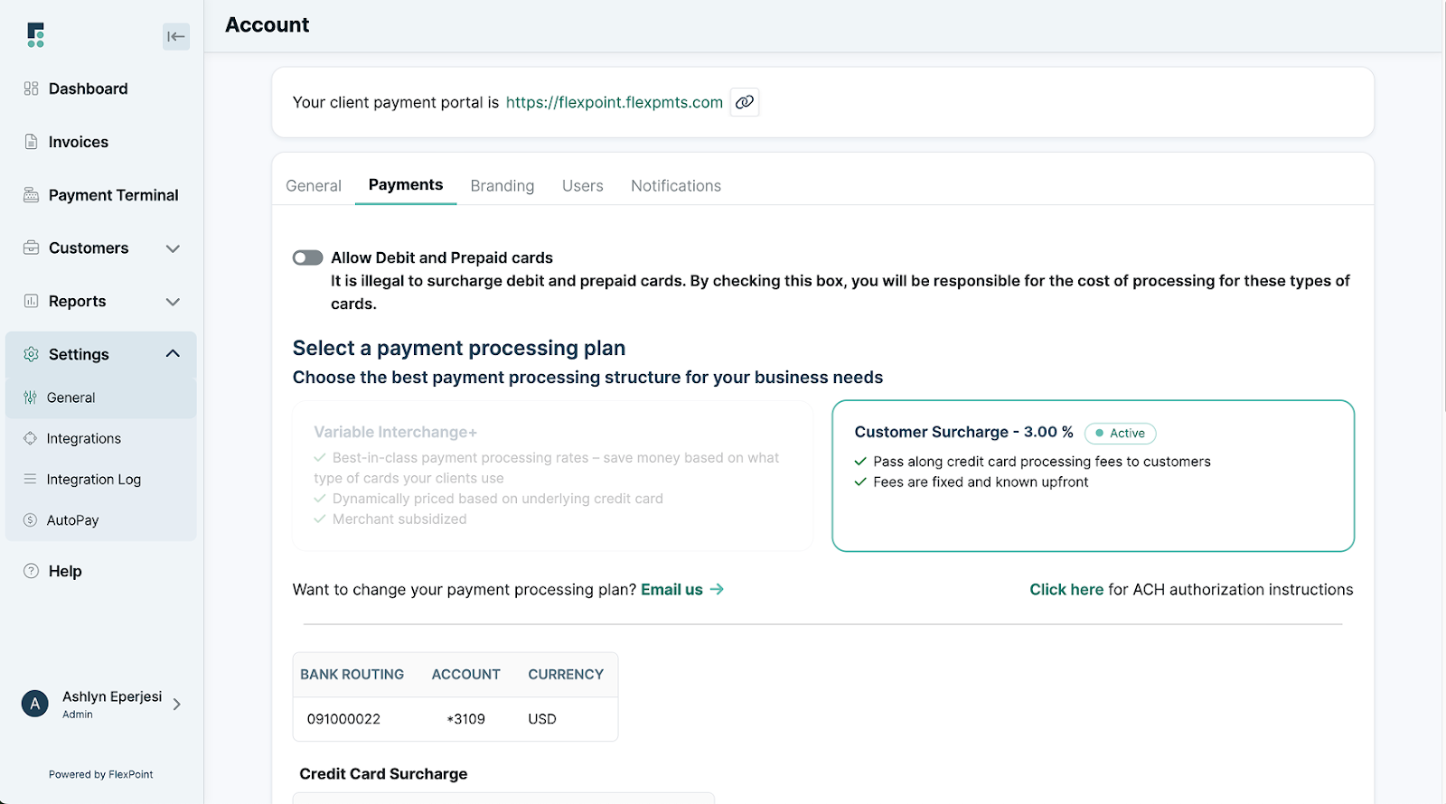 Selecting a Surcharge Option inside FlexPoint Dashboard
