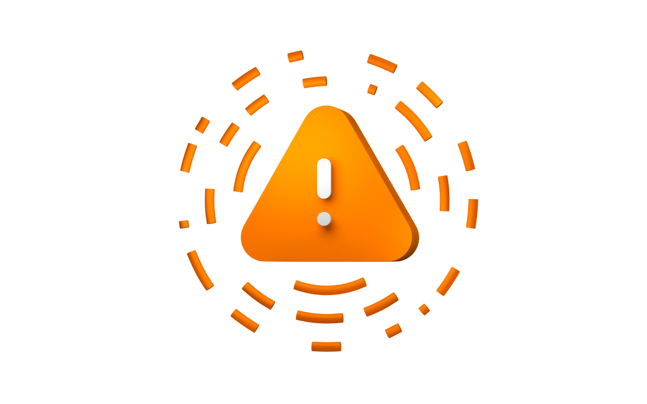 Orange warning triangle with exclamation mark surrounded by segmented circular lines on black background.