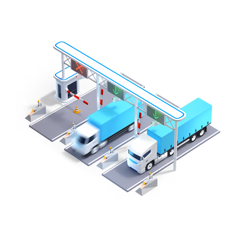 Isometric e-toll booth with three lanes: two trucks passing under green arrows, one lane closed with red X.