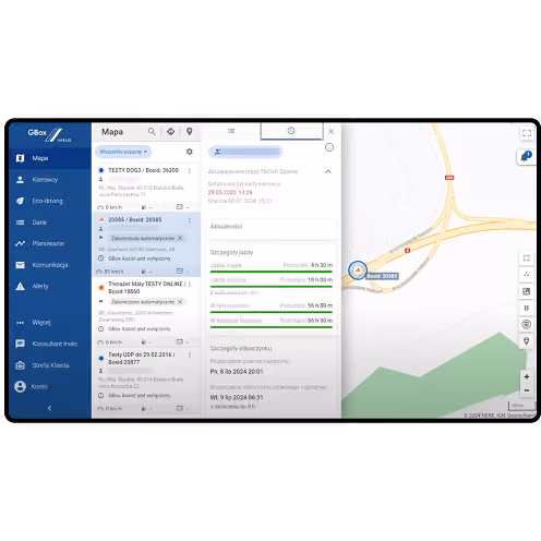 Screenshot of GBox online platform showing a vehicle tracking interface with a map on the right displaying a road junction and left panel listing several vehicles and driver statuses in Polish, including speeds, distances, and driving details.
