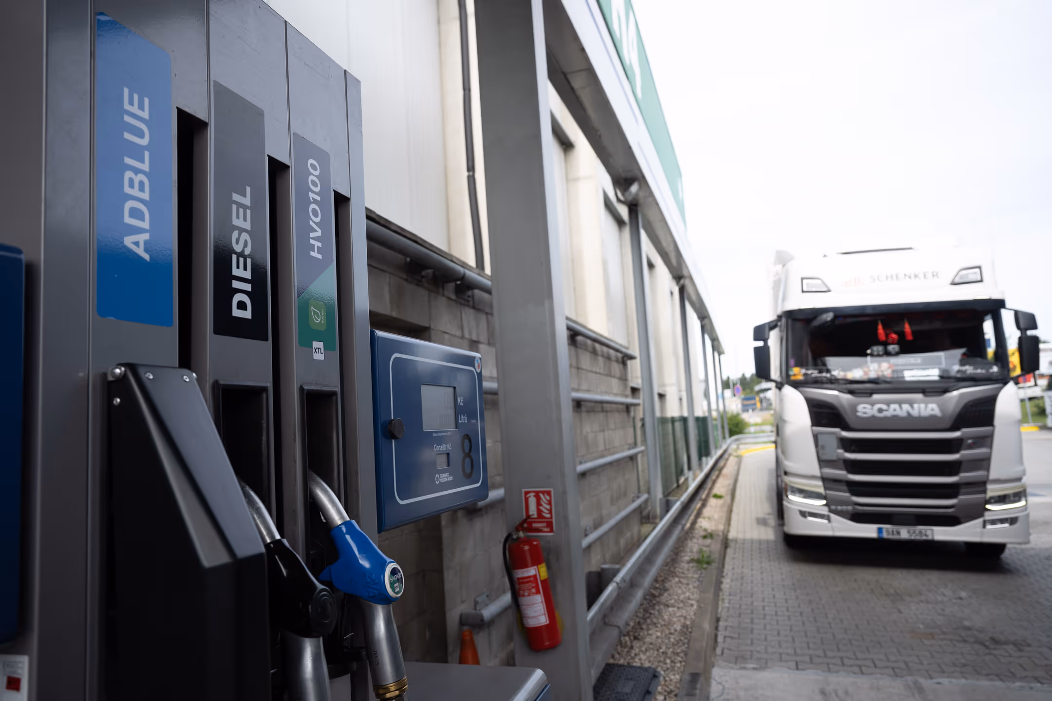 Close-up of the LNG fueling hose at an LNG truck station.