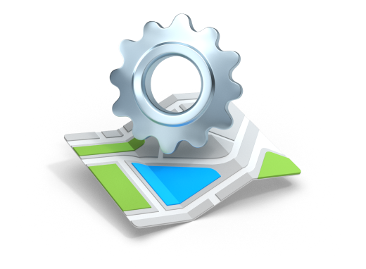 3D map with green, blue, and gray areas and a silver gear icon floating above it