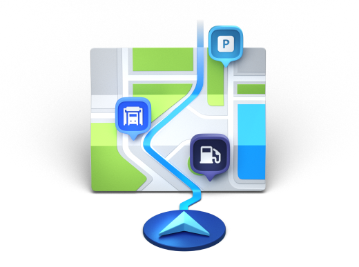 3D digital map with a blue navigation route passing parking, gas station, and bus stop icons.