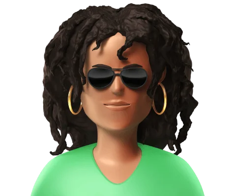 Stylized 3D avatar of a person with dark curly hair, sunglasses, gold hoop earrings, and a green shirt.