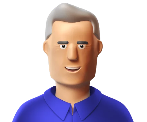 3D avatar of a smiling man with gray hair wearing a blue collared shirt.