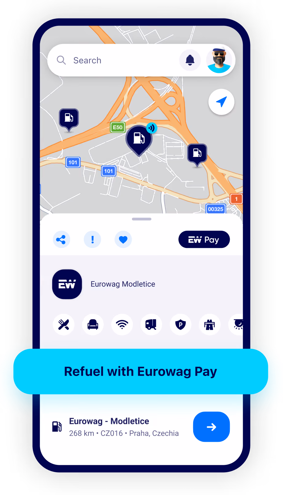 Mobile app screen displaying a map with multiple fuel station icons and a central highlighted Eurowag Modletice station, showing its location 268 km away in Praha, Czechia, with options to refuel using Eurowag Pay and icons representing services like food, rest, wifi, and parking.