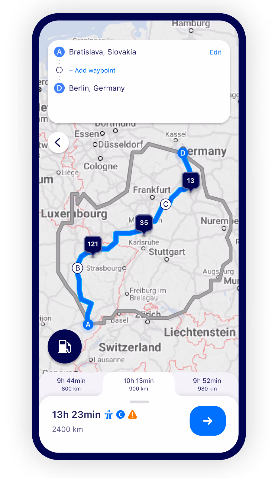 Map showing a driving route from Bratislava, Slovakia to Berlin, Germany with a highlighted path passing through Strasbourg, Frankfurt, and Mannheim. The route includes numbered waypoints and an option to add more. At the bottom, travel time varies by route: 9h 44min over 800 km, 10h 13min over 900 km, and 9h 52min over 980 km. The total route shown takes 13h 23min covering 2400 km with icons indicating tolls, highways, and an alert. A fuel icon is present on the map's lower-left.