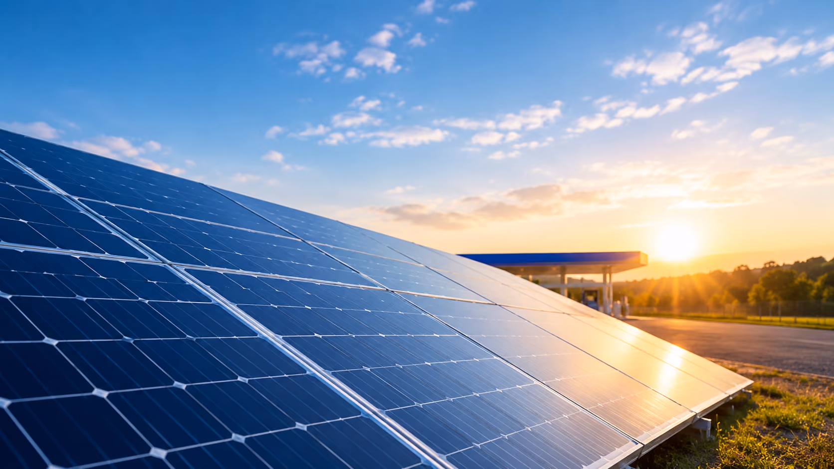 Solar panels angled toward the sky during sunset with a partly cloudy sky and a structure in the background.