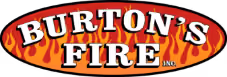 A red oval with orange flames coming up from the bottom with the words "Burton's Fire" centered.