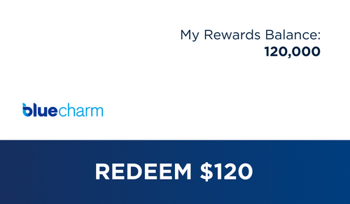 a bluecharm logo and a redem $ 120 reward card