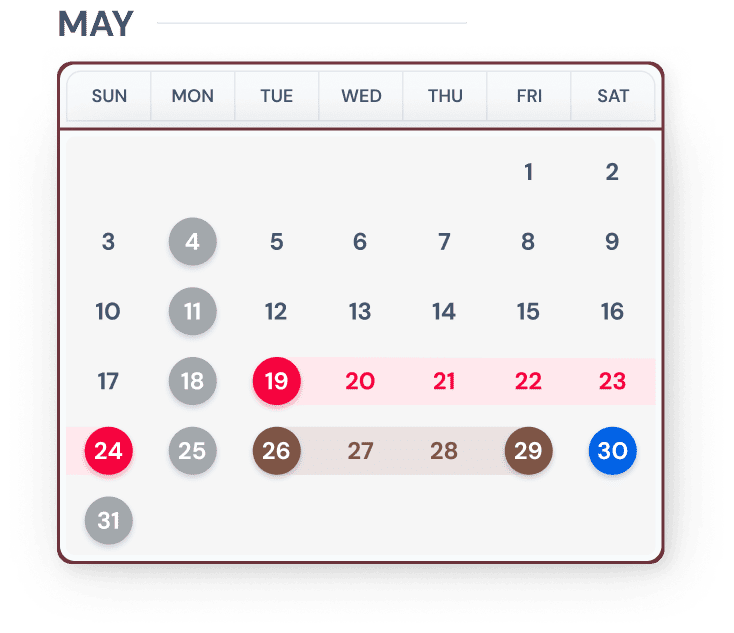 Calendar for the month of May